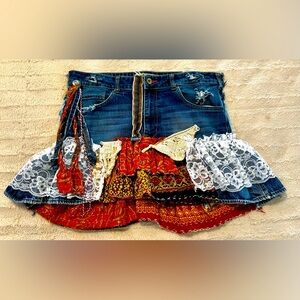 Upcycled One-Of-A-Kind Bohemian Patchwork Denim Skirt